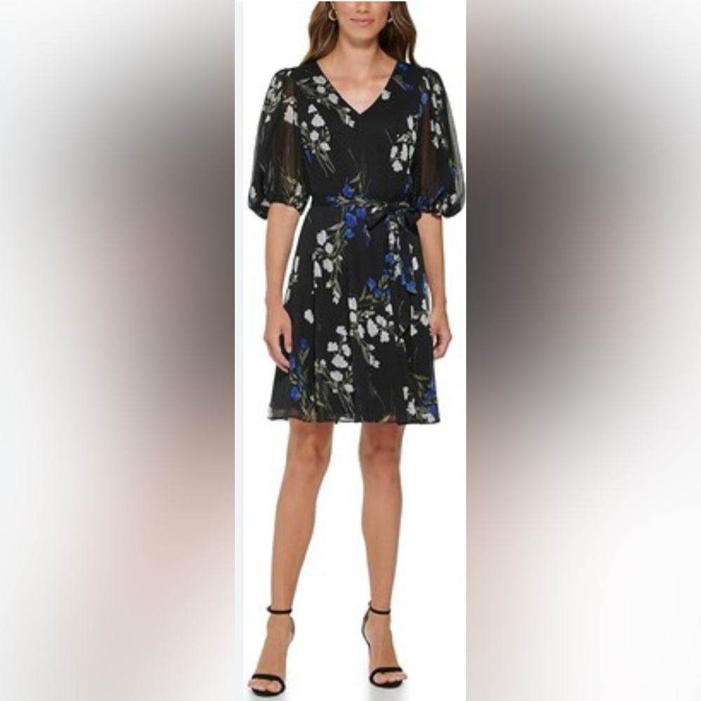 Black Floral V-Neck Tie-Waist Dress